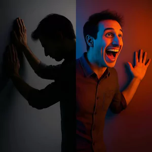 تصویری نمادین از اختلال دوقطبی، نمایش تغییرات شدید و غیرقابل پیشبینی در حالتهای روحی، از دورههای شیدایی و سرخوشی تا دورههای افسردگی عمیق.