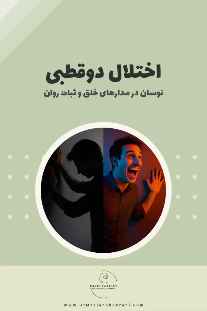 "تصویری از فردی که در حال تجربه نوسانات شدید خلق و خو است، با حالات متناوب از هیجان و سرخوشی (مانیا) تا افسردگی عمیق. این تصویر نمایانگر اختلال دوقطبی و چالش‌های مربوط به مدیریت احساسات و رفتارهای فردی در این اختلال روانی است."