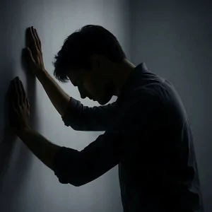 تصویری نمادین از اختلال افسردگی، با نمایش احساسات غم و اندوه، کاهش انرژی و انزوای اجتماعی، به همراه نشانههای رایج این اختلال روانی.