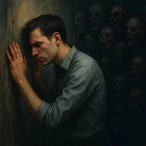 تصویری نمادین از اسکیزوفرنی، نمایش توهمات، هذیانها و مشکلات در تفکر و ادراک، که بر توانایی فرد در برقراری ارتباط و عملکرد روزانه تأثیر میگذارد.